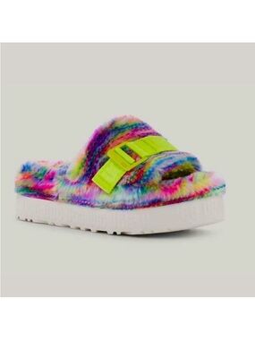 UGG Slippers NEW Fluffita Fur Platform Rainbow Pixelate Flatform Multicolor 6